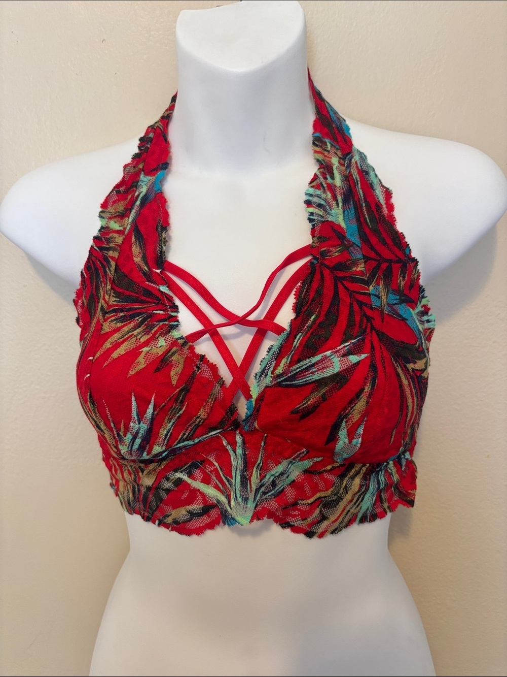 Tropical Red Halter Bralette with Strappy Front